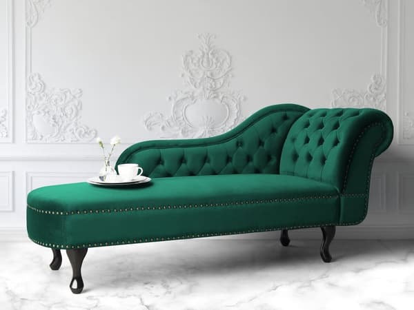Chaiselong Grøn Velour 170 x 79 cm Hjørnesofa Højrevendt Daybed Ryg Tuftet Chesterfield Mønster Stue Tilbehør Inspiration Vintage Antik