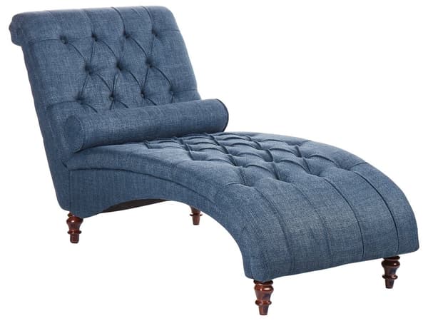 Chaiselong Blå Mørke Træben Quiltet Chesterfield Mønster Daybed med Ryg Pølsepude Psykolog Stol Tilbehør Vintage Glamour Stue Inspiration