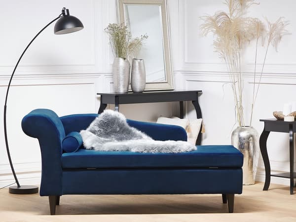 Venstrevendt Blå Velour Polstret Chaiselong med Opbevaring Ekstra Pude