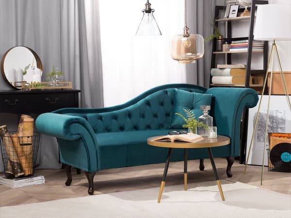 Divaani sinivihreä sametti verhoiltu puujalat oikeakätinen napitettu koristetyyny glamour tyyli