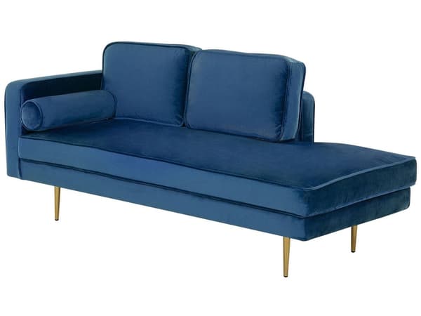 Sofa Chaiselong Blå Velour Guld Metalben Blød Lille Hjørnesofa Daybed med Ryg Venstrevendt Tilbehør Pude Stue Inspiration Glamour Eklektisk