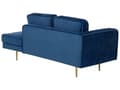 Miniatyrbillede 5 af 7: Sofa Chaiselong Blå Velour Guld Metalben Blød Lille Hjørnesofa Daybed med Ryg Venstrevendt Tilbehør Pude Stue Inspiration Glamour Eklektisk