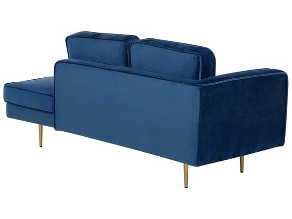 Sofa Chaiselong Blå Velour Guld Metalben Blød Lille Hjørnesofa Daybed med Ryg Venstrevendt Tilbehør Pude Stue Inspiration Glamour Eklektisk