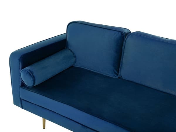 Sofa Chaiselong Blå Velour Guld Metalben Blød Lille Hjørnesofa Daybed med Ryg Venstrevendt Tilbehør Pude Stue Inspiration Glamour Eklektisk