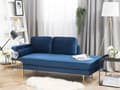 Miniatyrbillede 2 af 7: Sofa Chaiselong Blå Velour Guld Metalben Blød Lille Hjørnesofa Daybed med Ryg Venstrevendt Tilbehør Pude Stue Inspiration Glamour Eklektisk