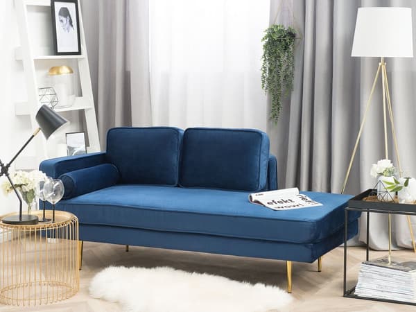Sofa Chaiselong Blå Velour Guld Metalben Blød Lille Hjørnesofa Daybed med Ryg Venstrevendt Tilbehør Pude Stue Inspiration Glamour Eklektisk