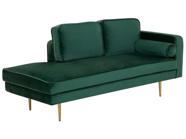 Sofa Chaiselong Grøn Velour Guld Metalben Blød Lille Hjørnesofa Daybed med Ryg Højrevendt Tilbehør Pude Stue Inspiration Glamour Eklektisk