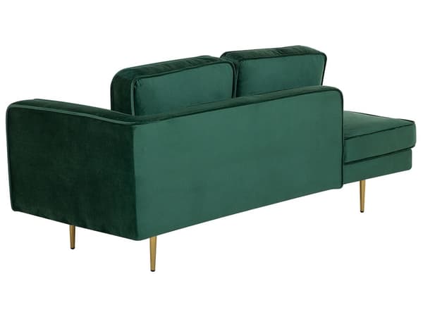 Sofa Chaiselong Grøn Velour Guld Metalben Blød Lille Hjørnesofa Daybed med Ryg Højrevendt Tilbehør Pude Stue Inspiration Glamour Eklektisk