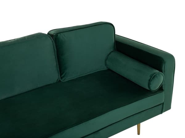 Sofa Chaiselong Grøn Velour Guld Metalben Blød Lille Hjørnesofa Daybed med Ryg Højrevendt Tilbehør Pude Stue Inspiration Glamour Eklektisk