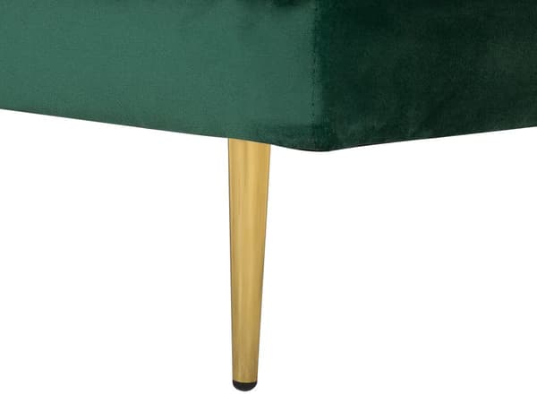 Sofa Chaiselong Grøn Velour Guld Metalben Blød Lille Hjørnesofa Daybed med Ryg Højrevendt Tilbehør Pude Stue Inspiration Glamour Eklektisk