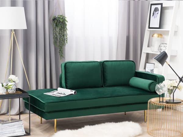 Sofa Chaiselong Grøn Velour Guld Metalben Blød Lille Hjørnesofa Daybed med Ryg Højrevendt Tilbehør Pude Stue Inspiration Glamour Eklektisk