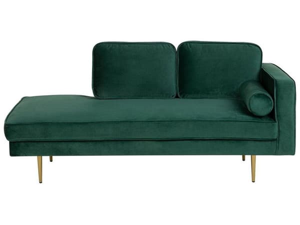 Sofa Chaiselong Grøn Velour Guld Metalben Blød Lille Hjørnesofa Daybed med Ryg Højrevendt Tilbehør Pude Stue Inspiration Glamour Eklektisk