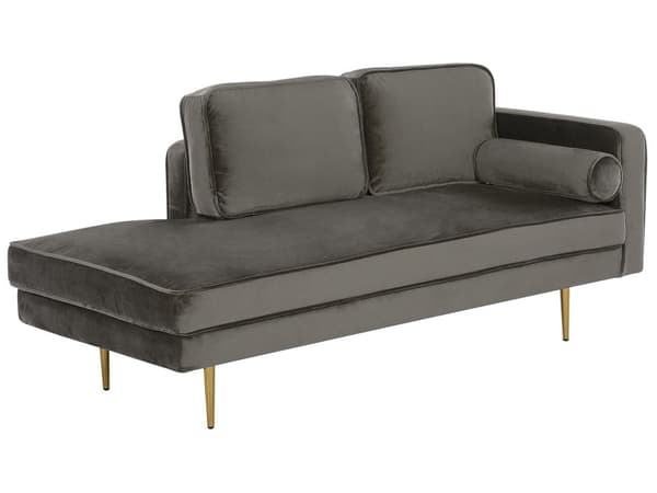 Sofa Chaiselong Grå Velour Guld Metalben Blød Lille Hjørnesofa Daybed med Ryg Højrevendt Tilbehør Pude Stue Inspiration Glamour Eklektisk