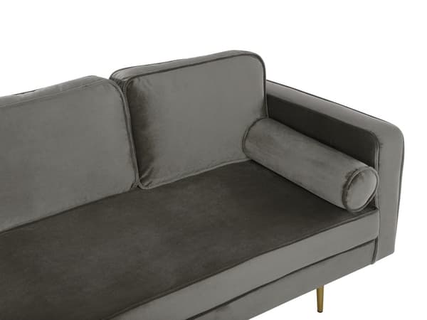 Sofa Chaiselong Grå Velour Guld Metalben Blød Lille Hjørnesofa Daybed med Ryg Højrevendt Tilbehør Pude Stue Inspiration Glamour Eklektisk