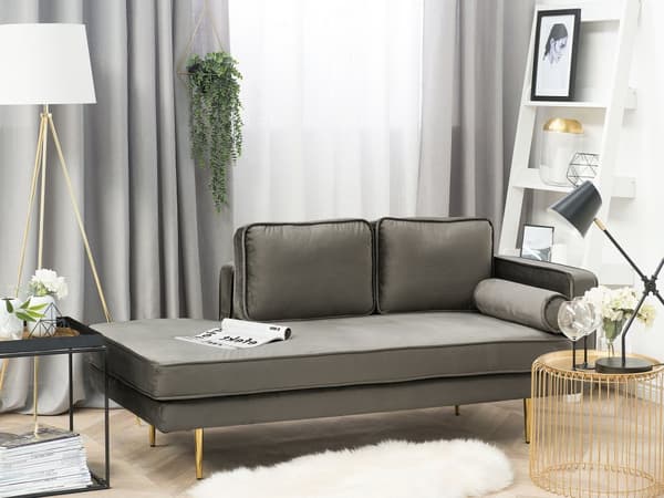Sofa Chaiselong Grå Velour Guld Metalben Blød Lille Hjørnesofa Daybed med Ryg Højrevendt Tilbehør Pude Stue Inspiration Glamour Eklektisk