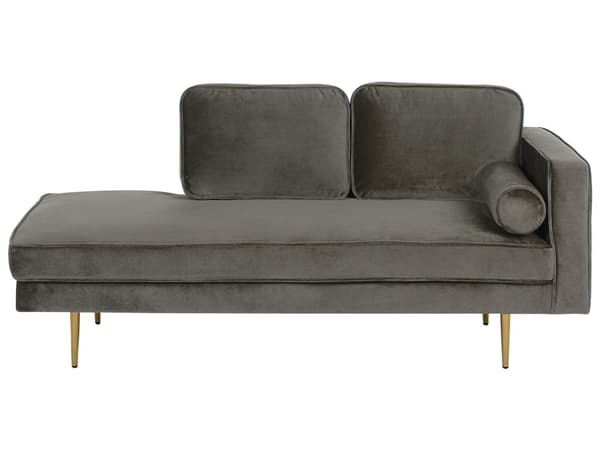 Sofa Chaiselong Grå Velour Guld Metalben Blød Lille Hjørnesofa Daybed med Ryg Højrevendt Tilbehør Pude Stue Inspiration Glamour Eklektisk