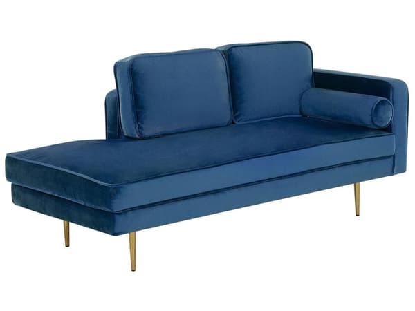 Sofa Chaiselong Blå Velour Guld Metalben Blød Lille Hjørnesofa Daybed med Ryg Højrevendt Tilbehør Pude Stue Inspiration Glamour Eklektisk
