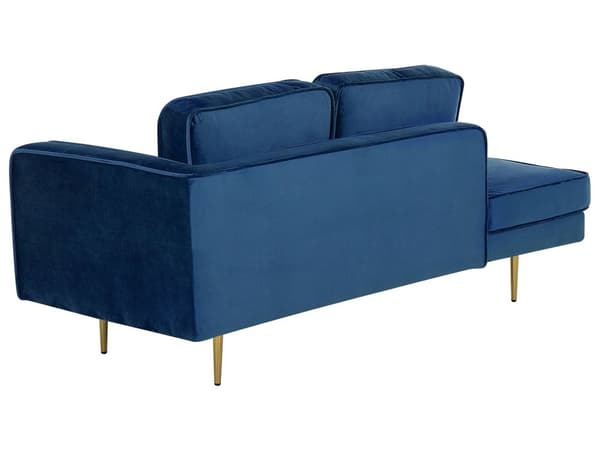 Sofa Chaiselong Blå Velour Guld Metalben Blød Lille Hjørnesofa Daybed med Ryg Højrevendt Tilbehør Pude Stue Inspiration Glamour Eklektisk