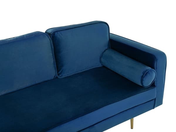 Sofa Chaiselong Blå Velour Guld Metalben Blød Lille Hjørnesofa Daybed med Ryg Højrevendt Tilbehør Pude Stue Inspiration Glamour Eklektisk