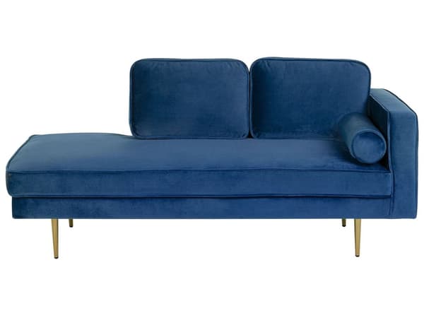 Sofa Chaiselong Blå Velour Guld Metalben Blød Lille Hjørnesofa Daybed med Ryg Højrevendt Tilbehør Pude Stue Inspiration Glamour Eklektisk