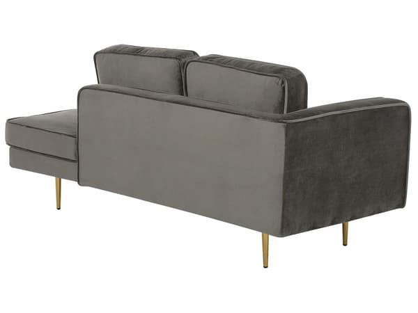 Sofa Chaiselong Grå Velour Guld Metalben Blød Lille Hjørnesofa Daybed med Ryg Venstrevendt Tilbehør Pude Stue Inspiration Glamour Eklektisk