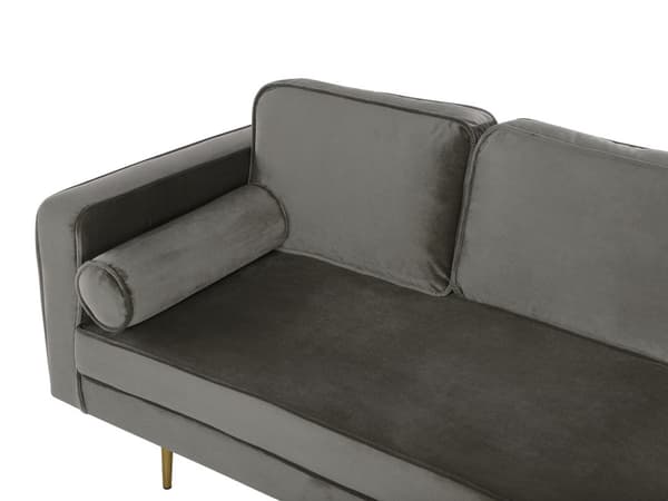 Sofa Chaiselong Grå Velour Guld Metalben Blød Lille Hjørnesofa Daybed med Ryg Venstrevendt Tilbehør Pude Stue Inspiration Glamour Eklektisk