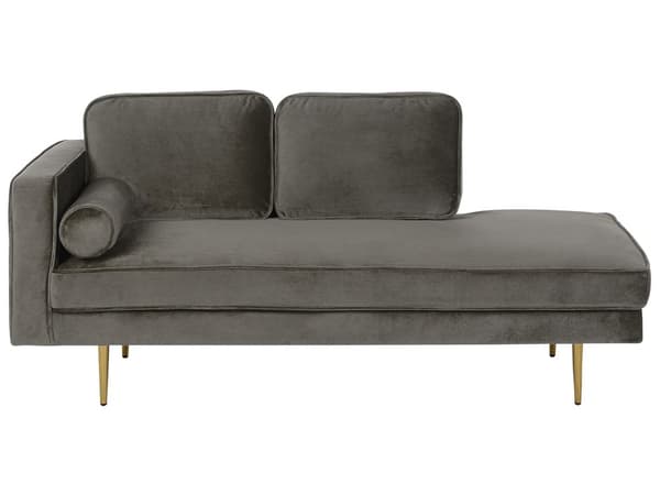 Sofa Chaiselong Grå Velour Guld Metalben Blød Lille Hjørnesofa Daybed med Ryg Venstrevendt Tilbehør Pude Stue Inspiration Glamour Eklektisk