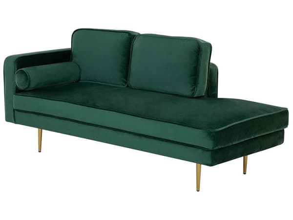 Sofa Chaiselong Grøn Velour Guld Metalben Blød Lille Hjørnesofa Daybed med Ryg Venstrevendt Tilbehør Pude Stue Inspiration Glamour Eklektisk
