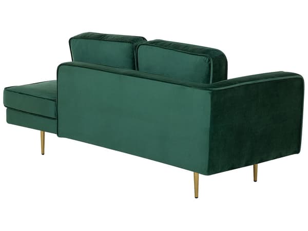 Sofa Chaiselong Grøn Velour Guld Metalben Blød Lille Hjørnesofa Daybed med Ryg Venstrevendt Tilbehør Pude Stue Inspiration Glamour Eklektisk