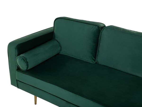 Sofa Chaiselong Grøn Velour Guld Metalben Blød Lille Hjørnesofa Daybed med Ryg Venstrevendt Tilbehør Pude Stue Inspiration Glamour Eklektisk
