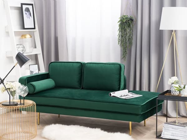 Sofa Chaiselong Grøn Velour Guld Metalben Blød Lille Hjørnesofa Daybed med Ryg Venstrevendt Tilbehør Pude Stue Inspiration Glamour Eklektisk