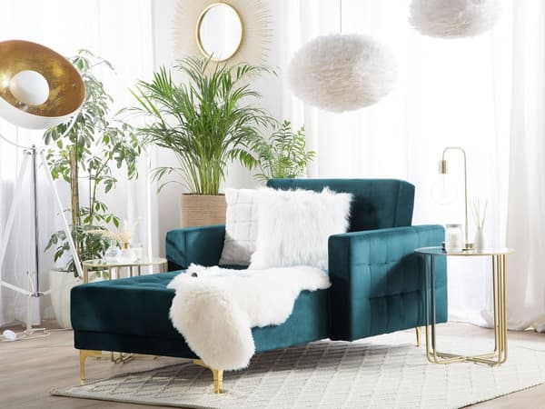 Chaiselong Blågrøn Velour med Skumfyld og Guld Krom Metalben Daybed Klassisk Moderne Tuftet Klik Klak modul Sovefunktion Stueindretning