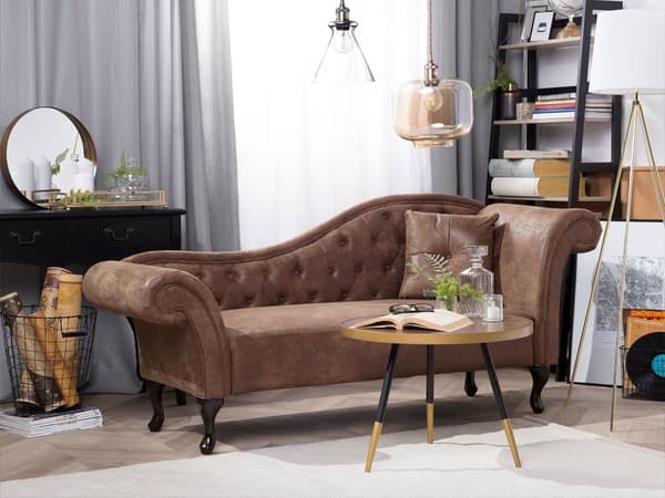 Divaani vaaleanruskea keinomokkanahka verhoiltu puujalat oikeakätinen napitettu koristetyyny glamour tyyli