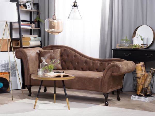Divaani vaaleanruskea keinomokkanahka verhoiltu puujalat vasenkätinen napitettu koristetyyny glamour tyyli