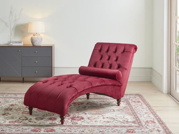 Vinröd Sammet Chesterfield Knappar Modernt Vardagsrum Schäslong Trä Ben