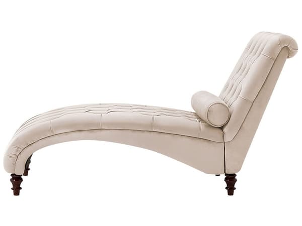 Beige Sammet Chesterfield Knappar Modernt Vardagsrum Schäslong Trä Ben