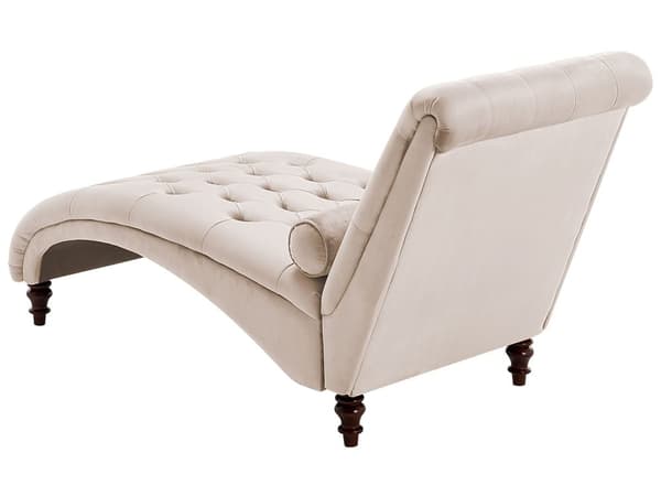 Beige Sammet Chesterfield Knappar Modernt Vardagsrum Schäslong Trä Ben