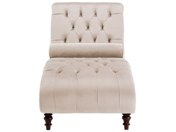 Beige Sammet Chesterfield Knappar Modernt Vardagsrum Schäslong Trä Ben