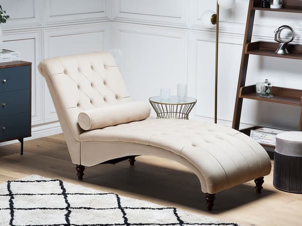 Beige Sammet Chesterfield Knappar Modernt Vardagsrum Schäslong Trä Ben