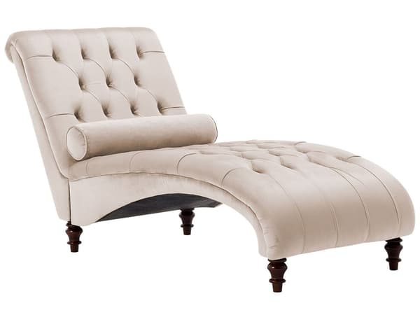 Beige Sammet Chesterfield Knappar Modernt Vardagsrum Schäslong Trä Ben