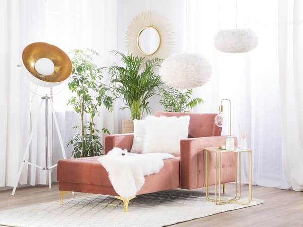 Chaiselong Lyserød Velour med Skumfyld og Guld Krom Metalben Daybed Klassisk Moderne Tuftet Klik Klak modul Sovefunktion Stue indretning