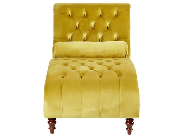 Chaiselong Gul Velour Mørk Træben Quiltet Chesterfield Mønster Daybed Ryg Pølsepude Psykolog Stol Tilbehør Vintage Glamour Stue Inspiration