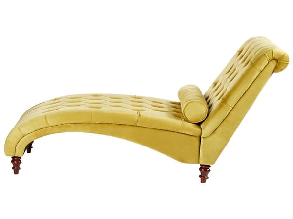 Chaiselong Gul Velour Mørk Træben Quiltet Chesterfield Mønster Daybed Ryg Pølsepude Psykolog Stol Tilbehør Vintage Glamour Stue Inspiration