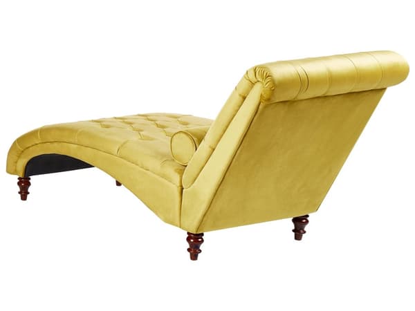 Chaiselong Gul Velour Mørk Træben Quiltet Chesterfield Mønster Daybed Ryg Pølsepude Psykolog Stol Tilbehør Vintage Glamour Stue Inspiration