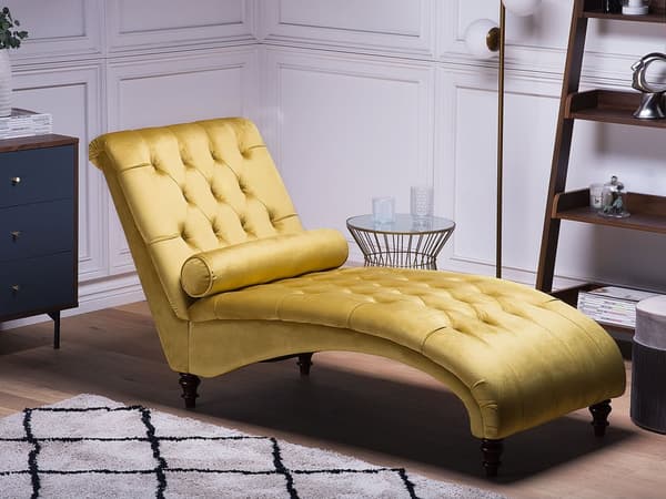 Chaiselong Gul Velour Mørk Træben Quiltet Chesterfield Mønster Daybed Ryg Pølsepude Psykolog Stol Tilbehør Vintage Glamour Stue Inspiration