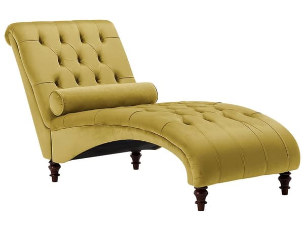 Chaiselong Gul Velour Mørk Træben Quiltet Chesterfield Mønster Daybed Ryg Pølsepude Psykolog Stol Tilbehør Vintage Glamour Stue Inspiration