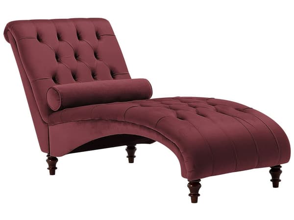 Chaiselong Rød Velour Mørk Træben Quiltet Chesterfield Mønster Daybed Ryg Pølsepude Psykolog Stol Tilbehør Vintage Glamour Stue Inspiration