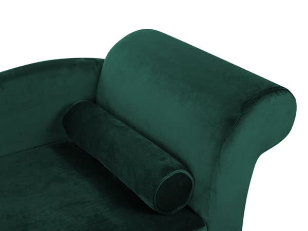 Divaani smaragdinvihreä samettiverhoilu puujalat säilytystila oikeakätinen koristetyyny glamour