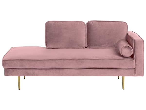 Sofa Chaiselong Lyserød Velour Guld Metalben Blød Lille Hjørnesofa Daybed med Ryg Højrevendt Tilbehør Pude Stue Inspiration Glamour Eklektisk