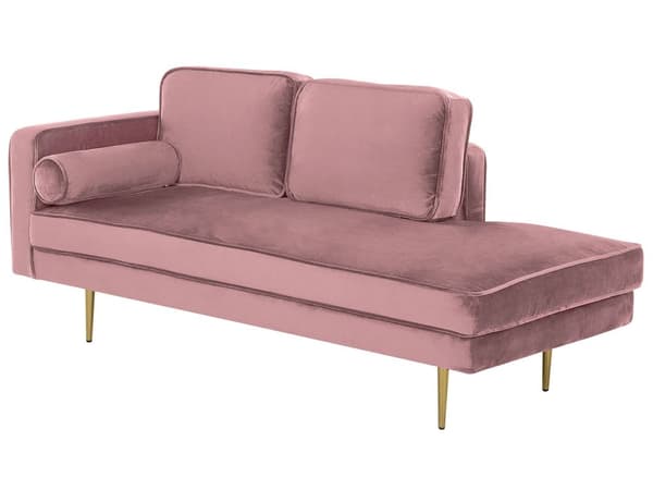 Sofa Chaiselong Lyserød Velour Guld Metalben Blød Lille Hjørnesofa Daybed med Ryg Venstrevendt Tilbehør Pude Stue Inspiration Glamour